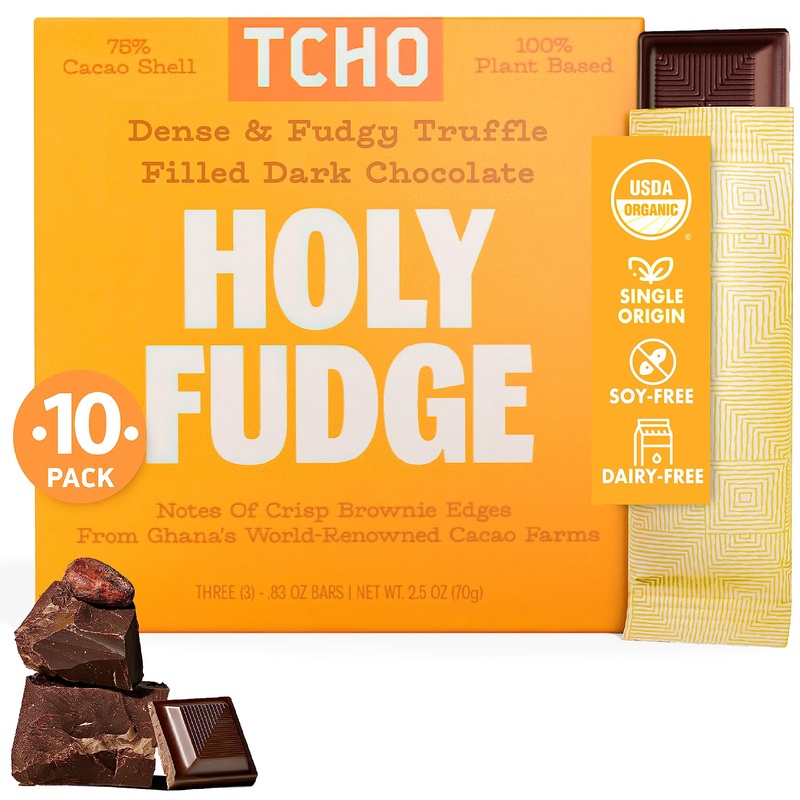 Tcho Holy Fudge 76% Dark Chocolate Bars (10 Pack) | Single Origin, Plant Based, Organic & Fair Trade, | Non Gmo, Non-Dairy, Vega