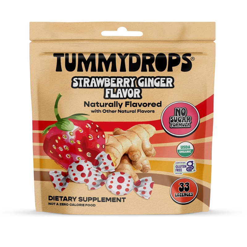 Tummydrops, No Sugar Strawberry Ginger Flavor, Gluten Free & Vegan, 33 Individually Wrapped Organic Ginger Lozenges Made With Or
