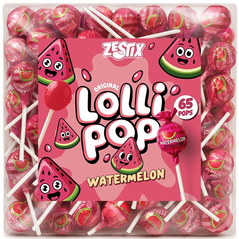 Watermelon Lollipops - 65 Count Bulk Candy Pack, Individually Wrapped - Fruity Suckers For Kids, Parties, Birthdays, Events & Pa