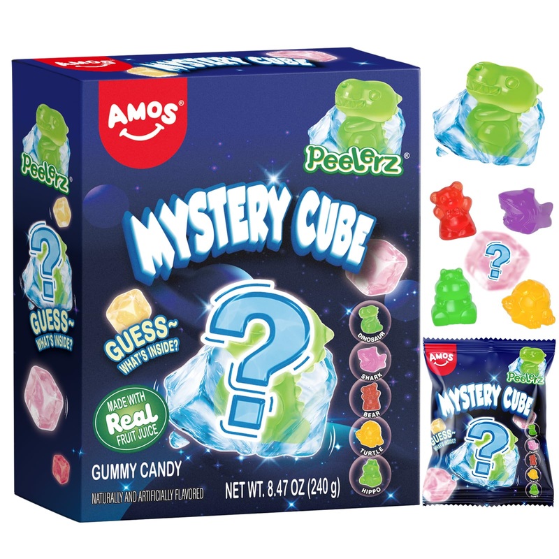 Amos Peelerz Mystery Cube Peelable Gummy Candy - 3D Peeling Candy - 8.47Oz Box With Approximately 10 Pouches - Made With Real Fr