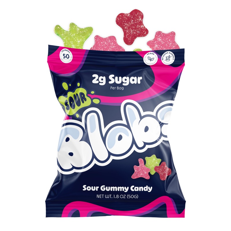 Blobs Sour Gummy Candy Low Sugar & Low Calorie- No Sugar Alcohols, Vegan, No Dyes- Watermelon-Lychee, Black Ras Cherry, Strawber