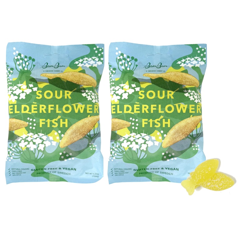 Bon Bon Swedish Candy Vegan Candy, Sour Gummy Candy From Sweden (Pack Of 2) (Sour Elderflower Fish)