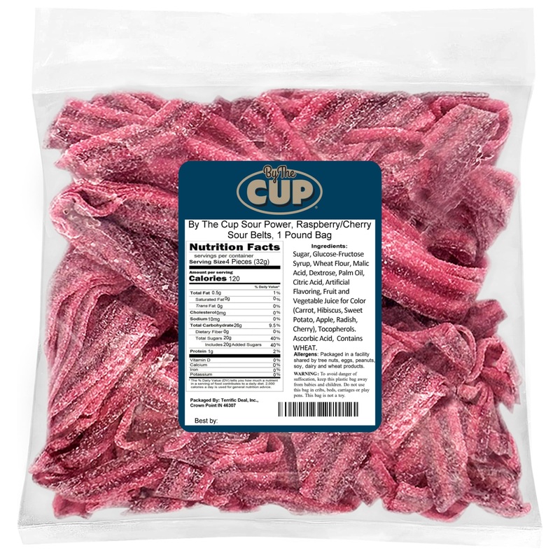 By The Cup Sour Power Raspberry Cherry Sour Belts, 1 Lb Bulk Bag