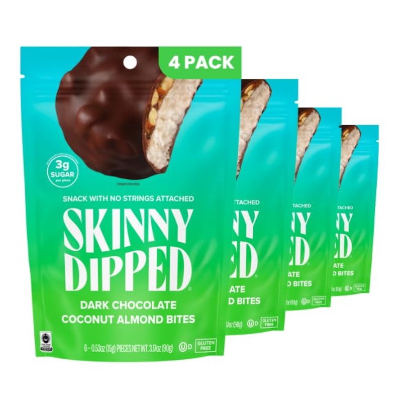 SKINNYDIPPED Dark Chocolate Coconut Almond Bites, Low Sugar, 3oz Resealable Bags, Pack of 4 (24 Bites Total)