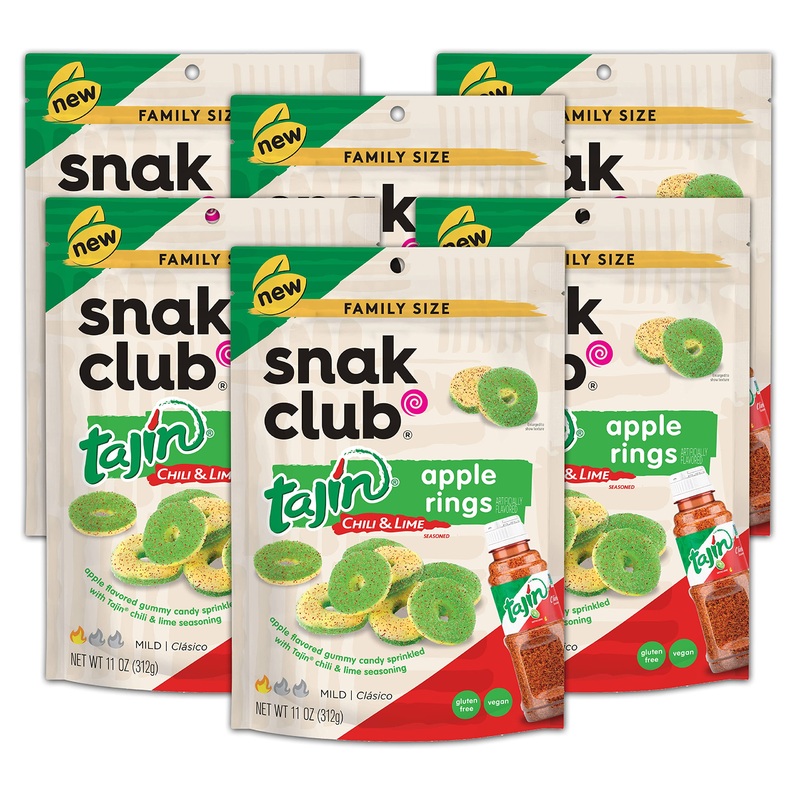 Snak Club Tajin Apple Rings, Sweet & Tasty Gummy Snacks, 11Oz Family Size, Resealable Bag, 6 Count