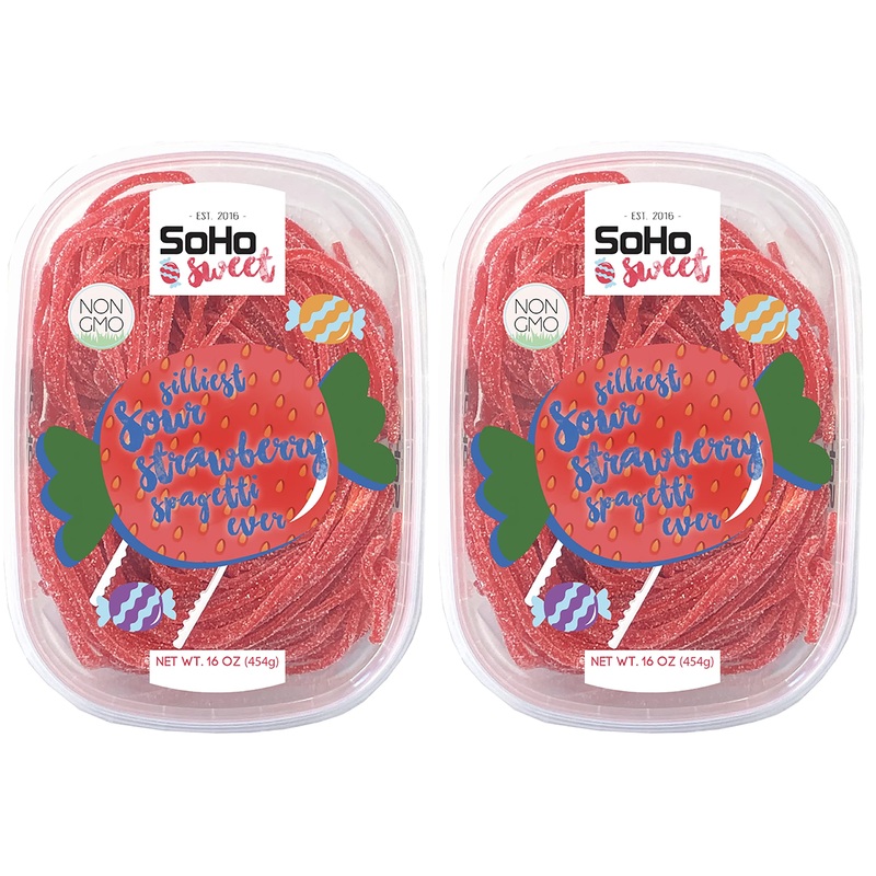 Soho Sweet Sour Strawberry Spaghetti Non-Gmo Gummy Candy, Halal Candy - Pack Of 2 (1 Pound)