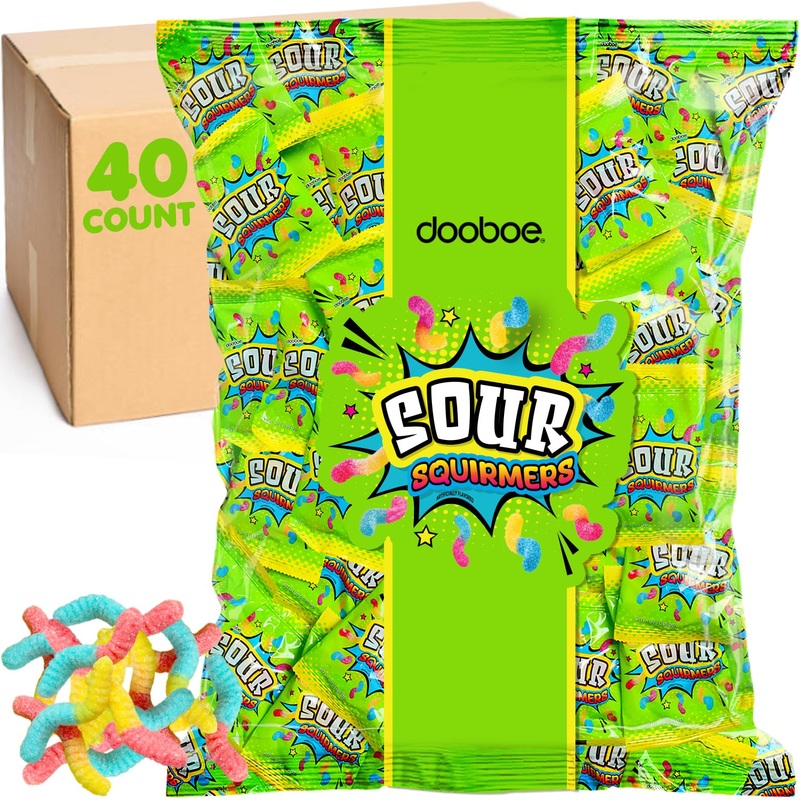 Sour Gummy Worms Bulk Pack - 40 Packs - Individually Wrapped Candy Bags For Kids, Parties, School, And Travel | Assorted Flavors