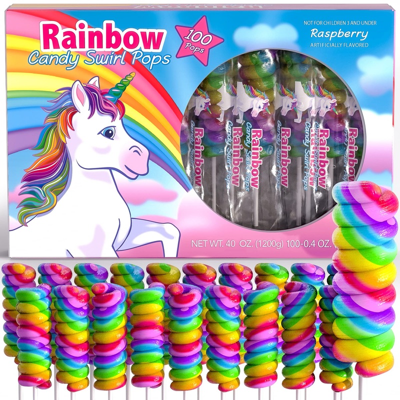 Unicorn Candy Lollipops Individually Wrapped Bulk 100Pk| Swirl Lollipop Rainbow Candy , Unicorn Party Favors For Unicorn Birthda