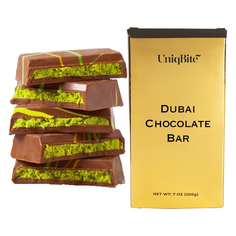 Uniqbite Dubai Chocolate Bar Pistachio, 7 Oz (200Gr), Crunchy Loaded Knafeh Chocolate Bar With Pistachio Cream And Kataifi