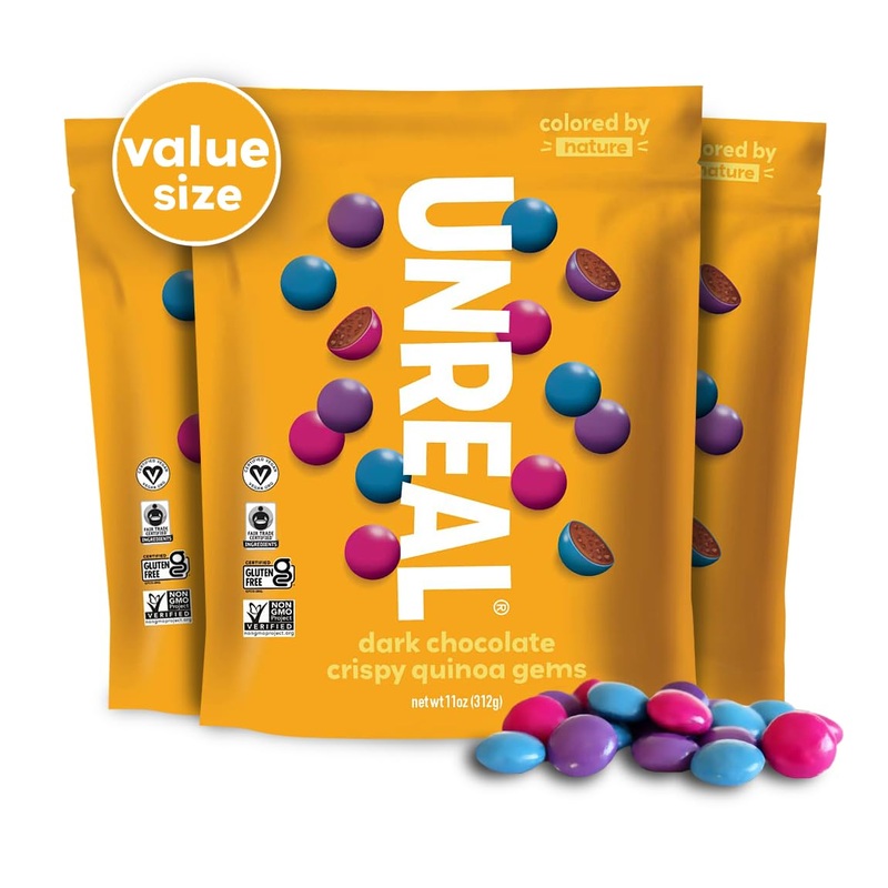 Unreal Dark Chocolate Quinoa Gems (3 Value Size Bags) | Vegan, Colors From Nature | Fair Trade, Non-Gmo | Gluten Free, No Sugar