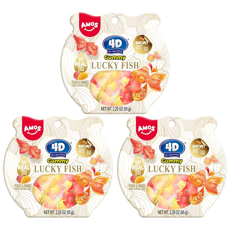 Amos 4D Gummy Goldfish Lucky Fish Candy, 3D Goldfish-Shaped Filled Gummies, Made With Real Mango & Peach Juice, Gluten-Free, 65G