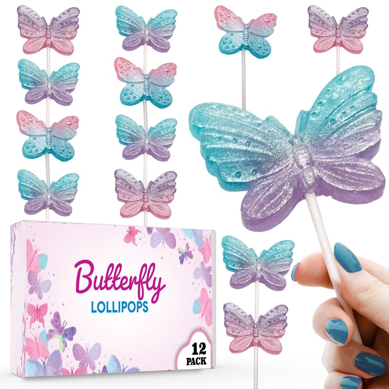 Butterfly Candy Lollipops - 12 Beautiful Ombre Suckers Individually Wrapped - Great For Butterfly Party Favors - Goodie Bags For