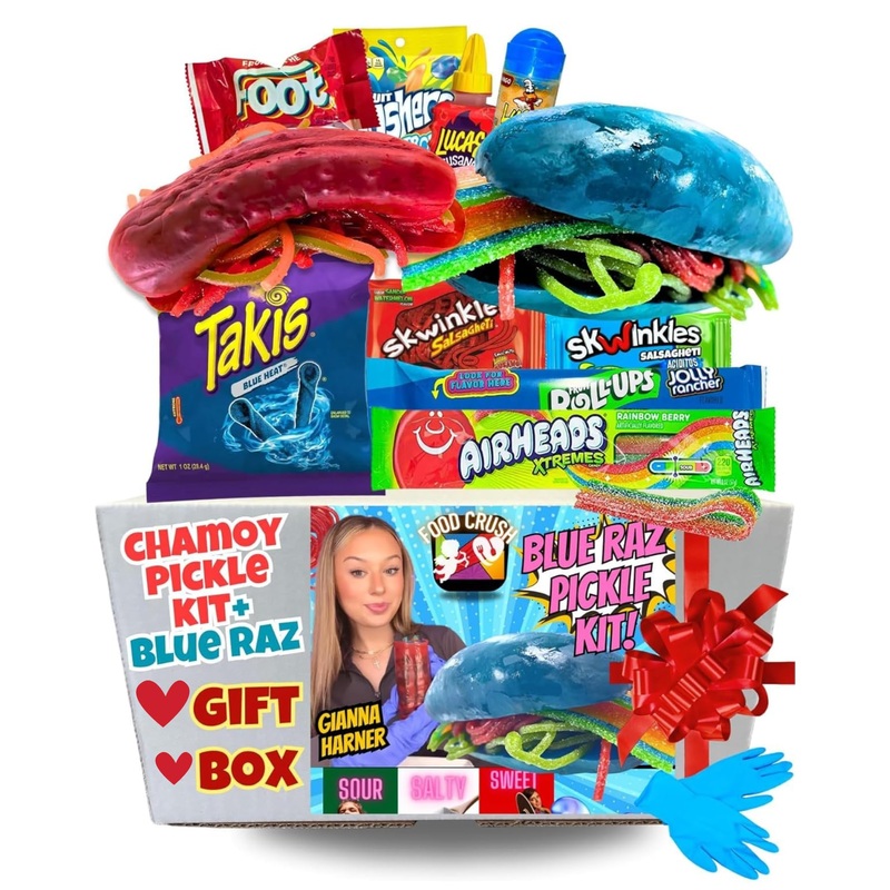 Chamoy Pickle Kit For 2 + Blue Raspberry Pickle Kit Easter Valentines Day Gift Box From Tiktok With Takis Chips, Fruit Roll Ups,