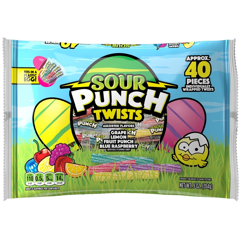 Sour Punch Sour Candy Assorted Easter Twists 12 Ct 9Oz Bag 4 Flavors: Blue Raspberry, Grape, Fruit Punch, Lemon