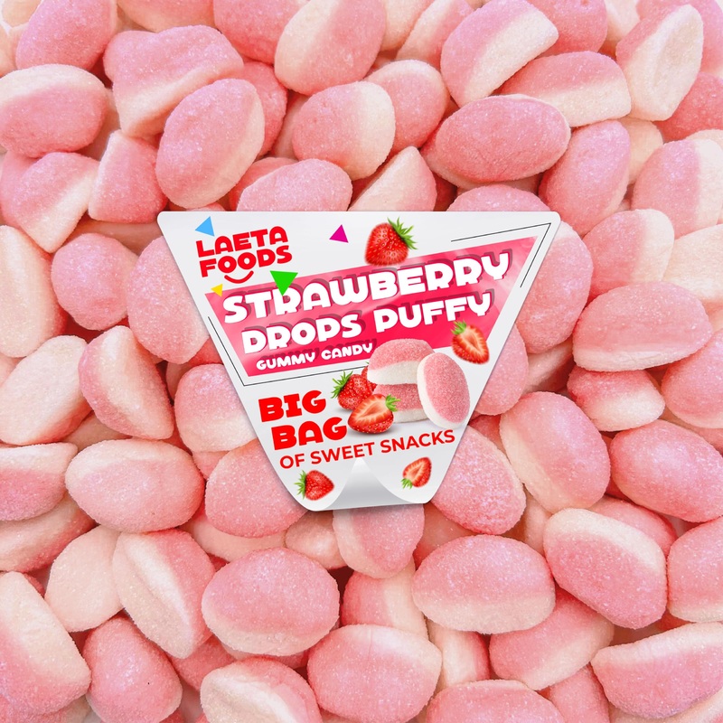 Strawberry Drops Puffy Gummies | 1 Pound Bag | Soft Candy | Chewy Pink Treats
