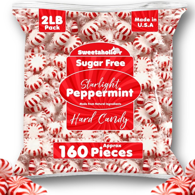 Sweetaholic Sugar Free Starlight Peppermint Candy | 2 Pound (160 Pcs Approx) | Made In Usa | Individually Wrapped | Bulk Hard Ca
