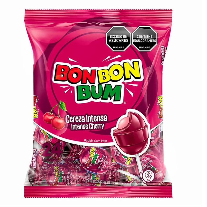 Bon Bon Bum - Fruity Lollipop With Bubble Gum Center - Perfect For Parties And Sharing (24 Pieces, Cereza Intensa (Intense Cherr