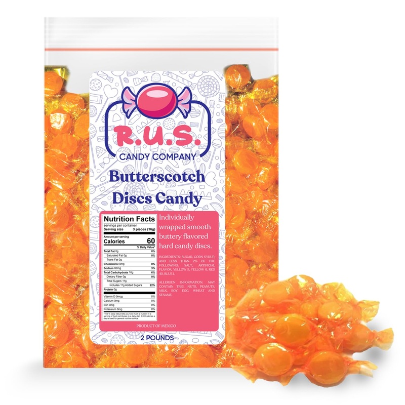 R.U.S. Candy Company Butterscotch Disc Candy - 2 Pound Bag - Classic Hard Candy, Gluten-Free, Perfect For Parties And Gift Givin