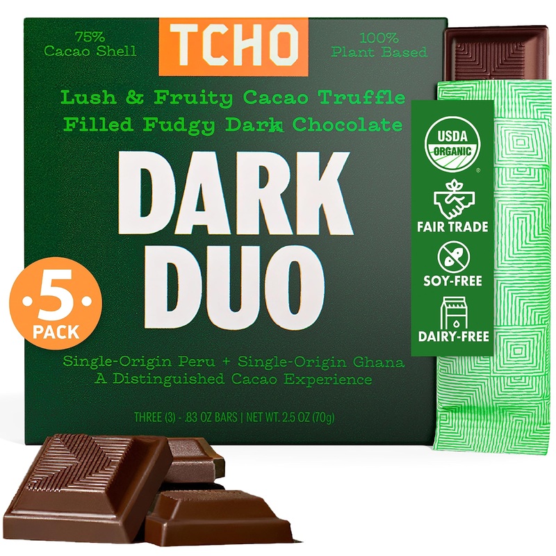 Tcho Dark Duo 75% Dark Chocolate Bars (5 Pack) | Plant Based, Organic & Fair Trade, | Non Gmo, Non-Dairy, Vegan Chocolate, Soy F