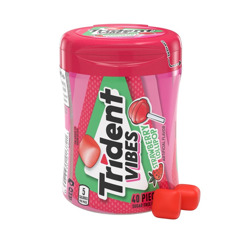 Trident Vibes Strawberry Lollipop Sugar Free Chewing Gum, 40 Count Bottle - Refreshing Flavor, Guilt-Free Indulgence