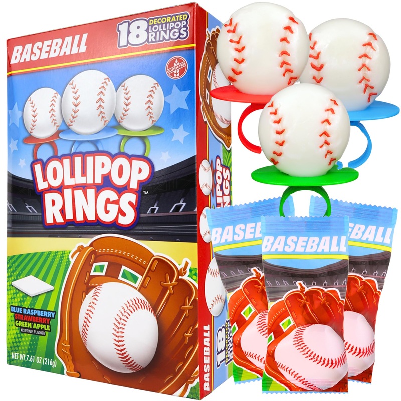 Baseball Lollipop Rings, Individually Wrapped Candy For Party Favors, Goodie Bags, And End Of Season Parties, Box Of 18