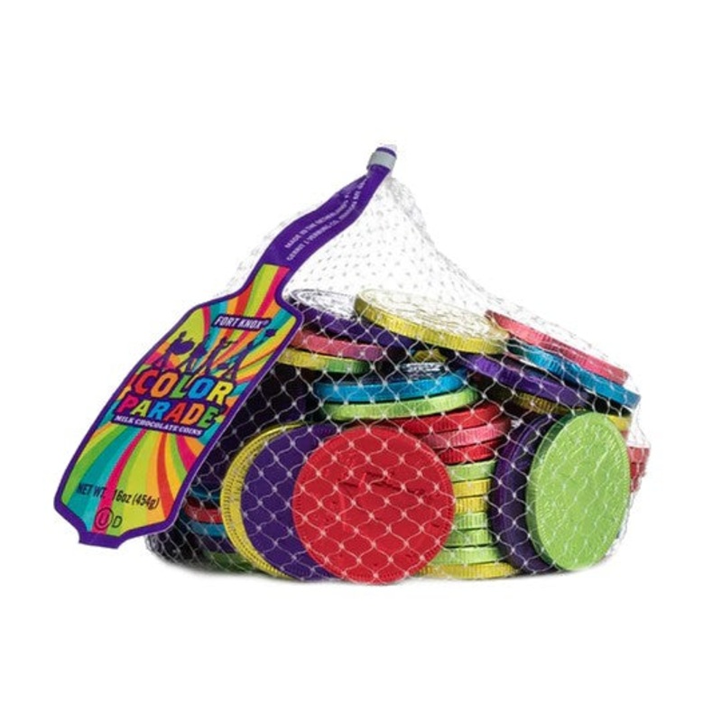 Fort Knox Rainbow Milk Chocolate Coins - 1 LB Mesh Bag
