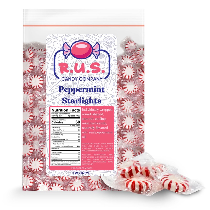 R.U.S. Candy Company Peppermint Starlite Candy - 1 Pound Bag - Refreshing Mint Hard Candy Perfect For Parties And Holiday Celebr