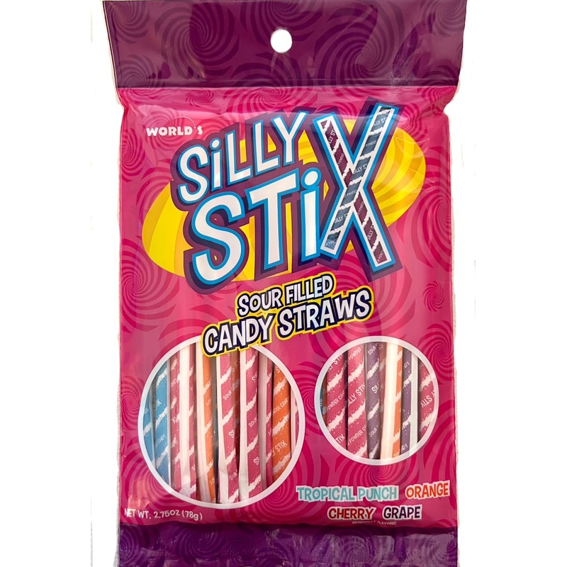 Sour Filled Candy Straws, Silly Stix, Tropical Punch, Orange, Cherry, Grape