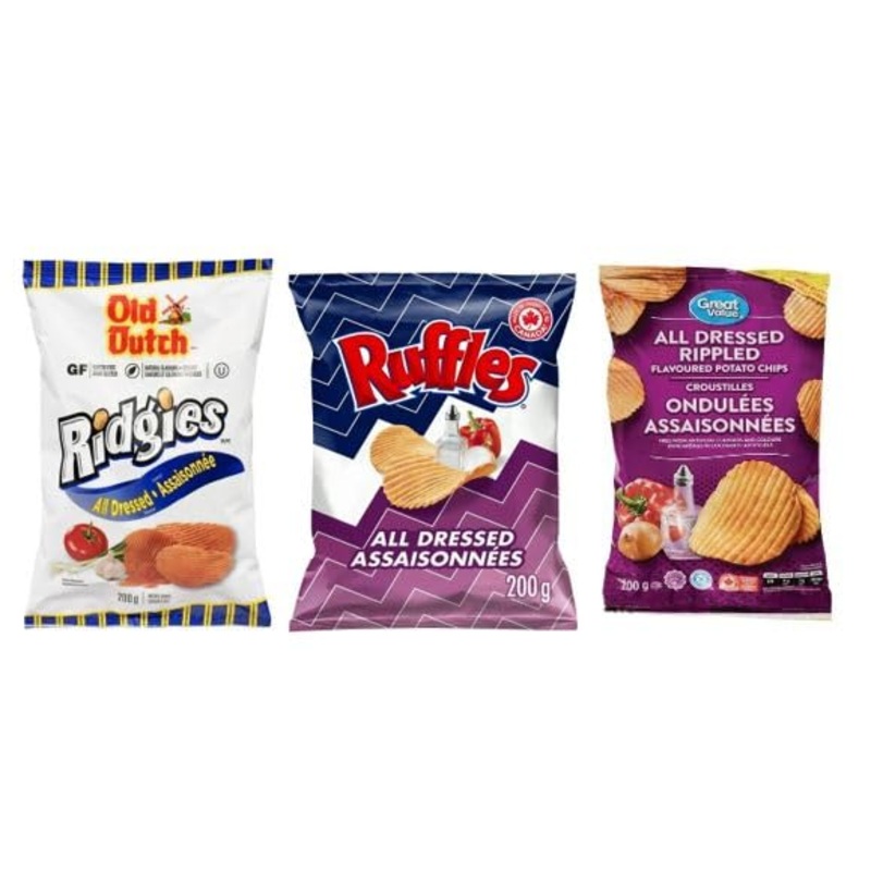 Canada'S Favorite All Dressed Chips 5 Pack, 1 Old Dutch, 2 Ruffles,2 Great Value. Imported From Canada