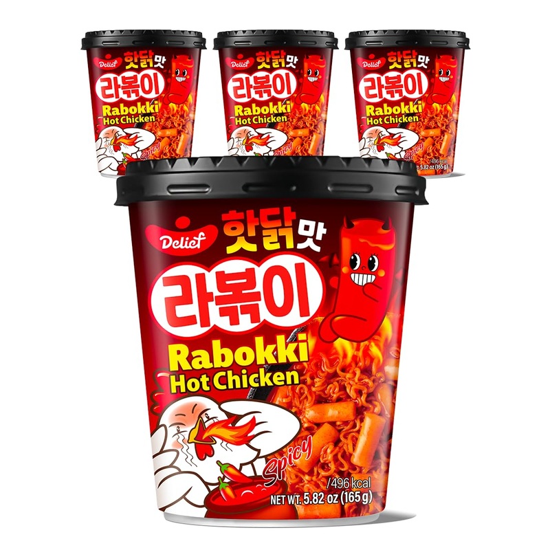 Delief Rabokki Hot Chicken Flavor 165G/5.82Oz - Pack Of 4, Korean Street Food, Ramen Noodle And Tteokbokki Rice Cake Combined In