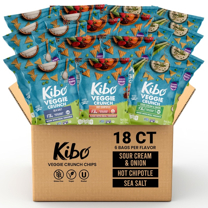 Kibo Veggie Chips Super Snack Variety Pack - 7G Plant-Based Protein, Sea Salt, Hot Chipotle & Sour Cream & Onion - Gluten & Dair