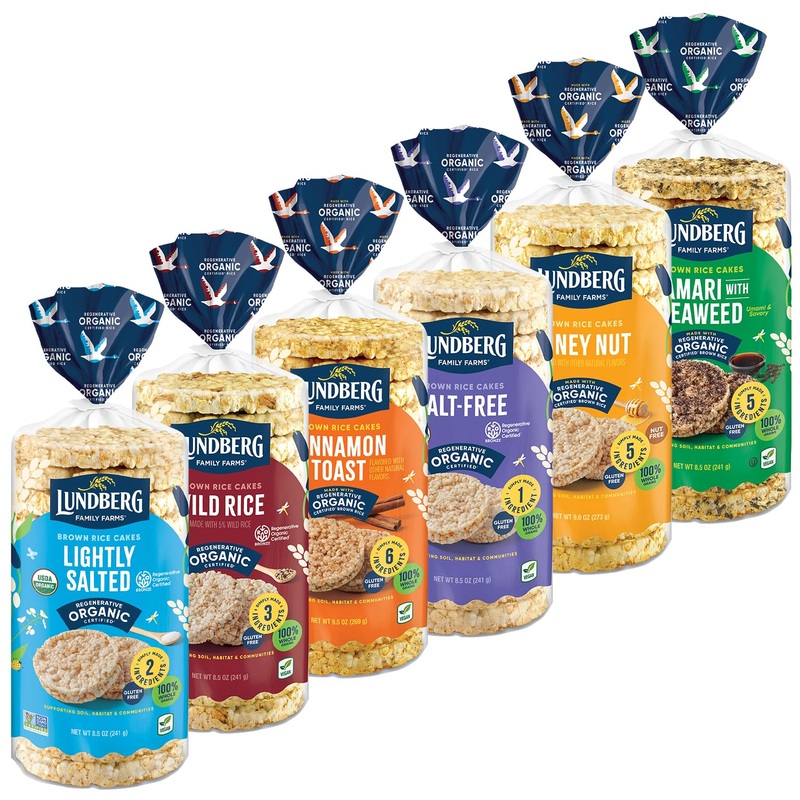 Lundberg Organic Brown Rice Cakes Variety 6-Pack - Regenerative Organic Certified Salt-Free, Lightly Salted, Wild Rice, Tamari W