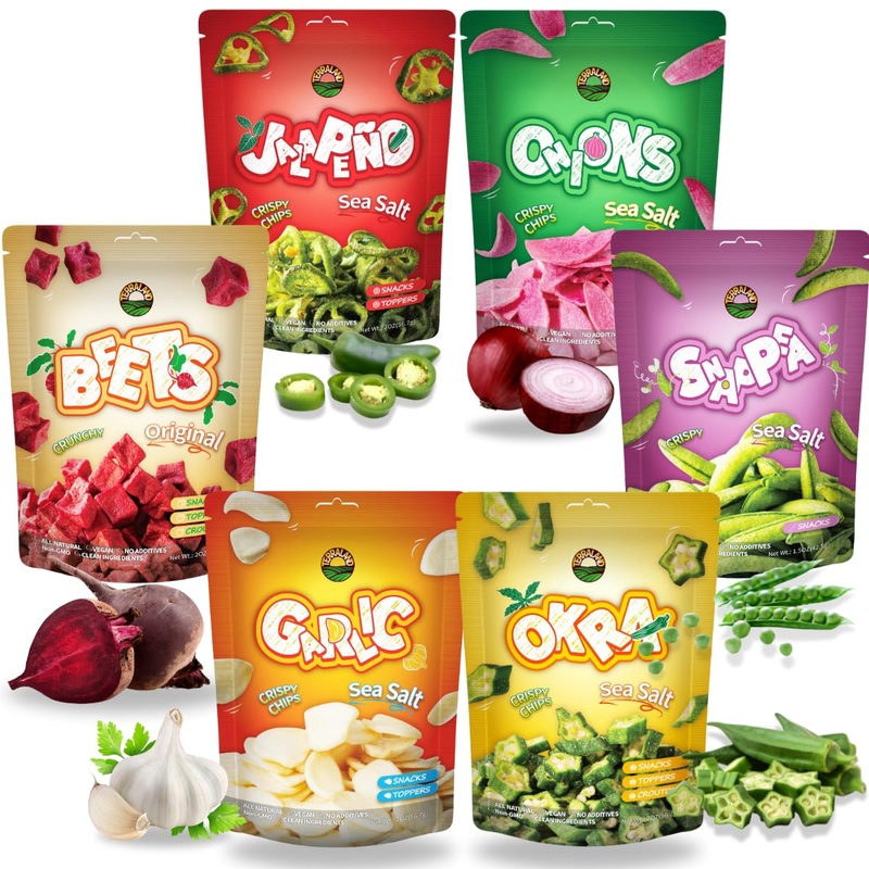 Terraland Vegetable Snack Variety Bundle - Garlic, Jalapeo, Beet, Snap Pea, Onion, & Okra - Pack Of 6