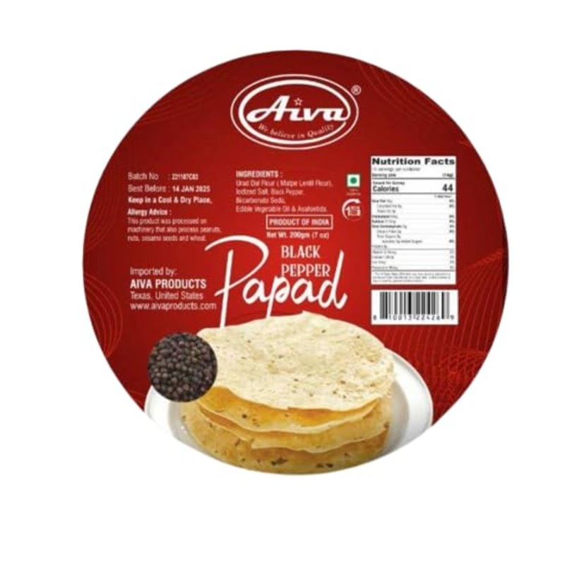 Aiva Pappadums (Indian Lentil Wafer Snack) Black Pepper Papad 200G (Pack Of 20)