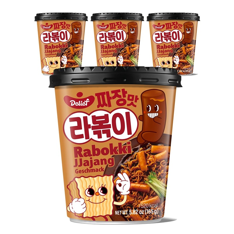 Delief Rabokki Jjajang Flavor 165G/5.82Oz - Pack Of 4, Korean Street Food, Ramen Noodle And Tteokbokki Rice Cake Combined In 1 -