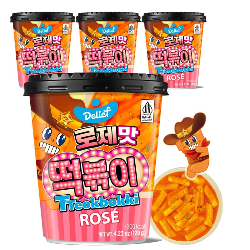 Delief Tteokbokki Cup Rose Flavor 4.23Oz(120G) Korean Street Food Korea Instant Rice Cake Snack, 4 Packs