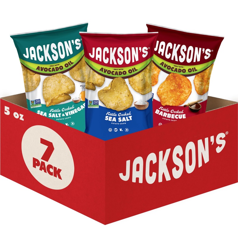 Jackson's Classic Kettle Potato Chips Variety Pack, 5 oz (Pack of 7) - Gluten Free, Vegan, Made with Avocado Oil, Sea Salt, BBQ & Vinegar Flavors