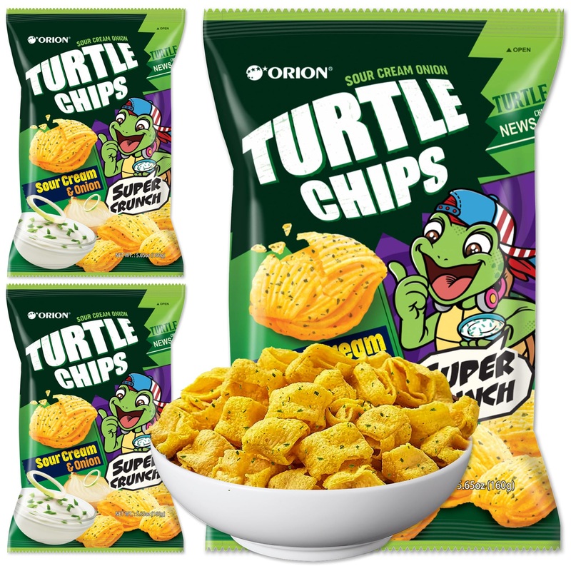 K-Munchies Orion Turtle Chips - Large 3 X 160-Gram Sour Cream And Onion Flavor Korean Chips - Big Bag, Party Size Tasty, Crispy