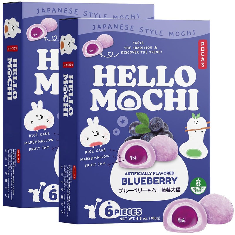 Pocas Hello Mochi, Blueberry 2-Pack - Soft And Chewy Japanese Snacks, Sweet Rice Cake, Marshmallow & Blueberry Jam Dessert, Glut