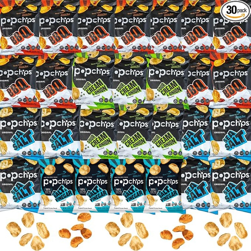 Pop N Chips Variety Pack, Sea Salt, Bbq, Sea Salt & Vinegar, Sour Cream & Onion, 0.8 Oz. Bags 30 Count Packaged By Doomi Perfect