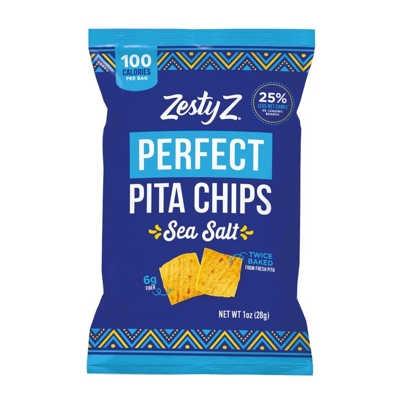 Zesty Z - High Fiber Pita Chip - Snacks, Lower In Carbs - Healthy Snacks - Vegan - Great For Hummus, Guacamole, & Dips. Sea Salt