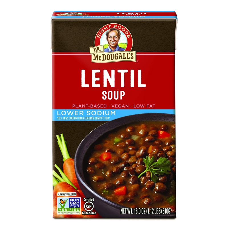 Dr. Mcdougall'S Right Foods Lower Sodium Lentil Soup, 18 Ounce (Pack Of 6) Vegan, Gluten-Free, Non-Gmo, No Added Oil, Paper Cart