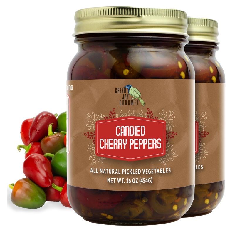 Green Jay Gourmet Pickled Candied Cherry Peppers In A Jar - Fresh Hand Jarred Vegetables For Cooking & Pantry - Pre-Prepared Pic