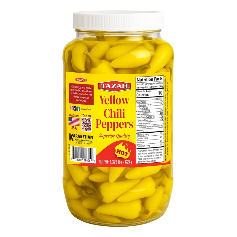 Tazah Chili Peppers 22Oz (624G) - Pickled Hot Yellow Cascabella Peppers