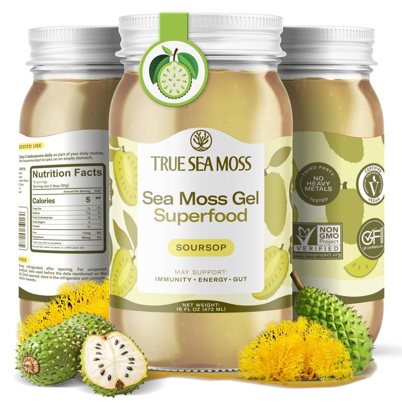 TrueSeaMoss Sea Moss Gel, Wildcrafted with Fresh Fruits & Sea Vegetables, 16 Fl Oz - Made in USA, Soursop, Pack of 1