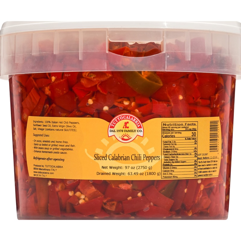 Tuttocalabria Sliced Calabrian Chili Peppers In Oil, Bulk Foodservice Tub, 97 Oz, Chopped, Rounds, Topping, All Natural, Non-Gmo