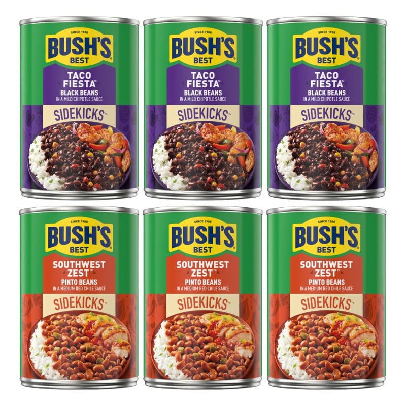 Bush'S Best Baked Beans, Sidekicks Variety Pack, Southwest Zest Pinto Beans (15Oz), Taco Fiesta Black Beans (15.1Oz) (3 Of Each)
