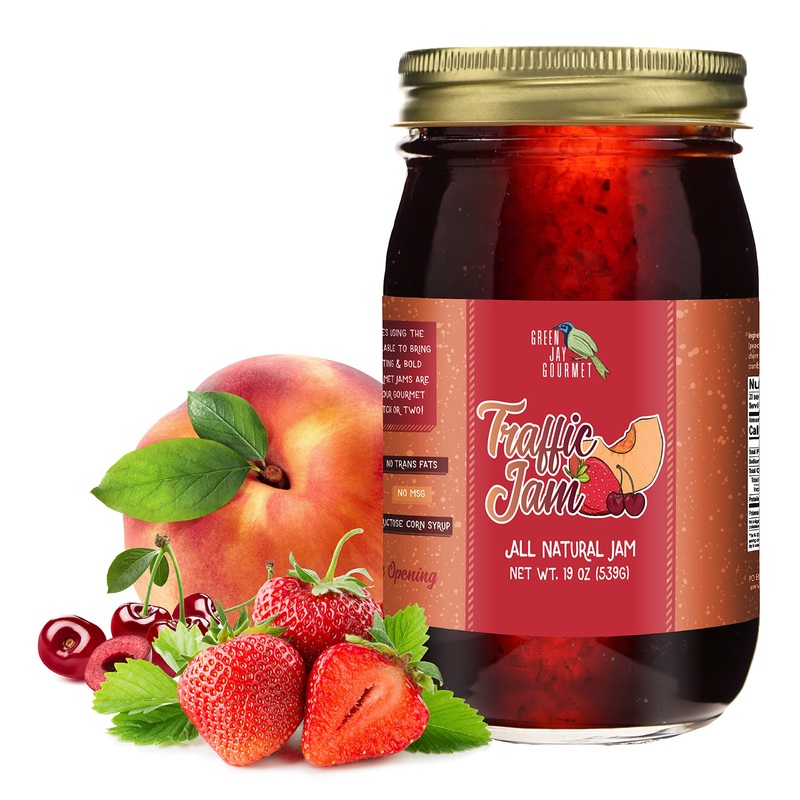 Green Jay Gourmet Traffic Jam - All-Natural Raspberry Jam With Peaches, Red Raspberries, Cherries & Cranberries - Vegan, Gluten-