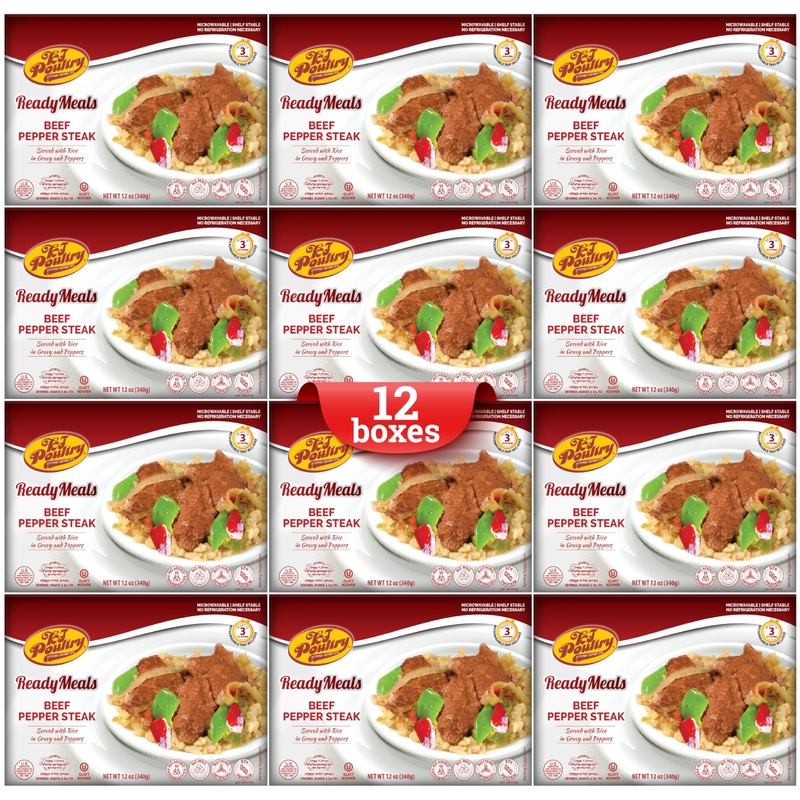 Kj Poultry Kosher Ready Meals - Beef Pepper Steak & Rice, Mre Meat Meals Ready To Eat (12 Pack) Prepared Entree Fully Cooked, Sh