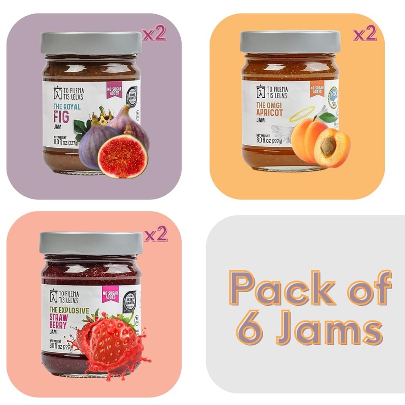 No Sugar Added Jams - 6 X 8 Fl. Oz - 2 X Fig, Apricot & Strawberry - Made In Greece, No Preservatives, Gluten Free Healthy Fruit